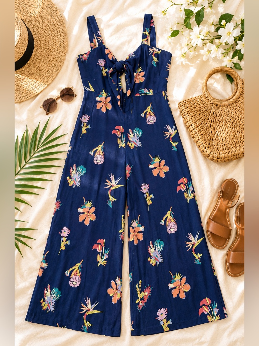 Madewell Floral Tie Front Wide Leg Jumpsuit Navy Blue Size 4 Cropped wide leg
